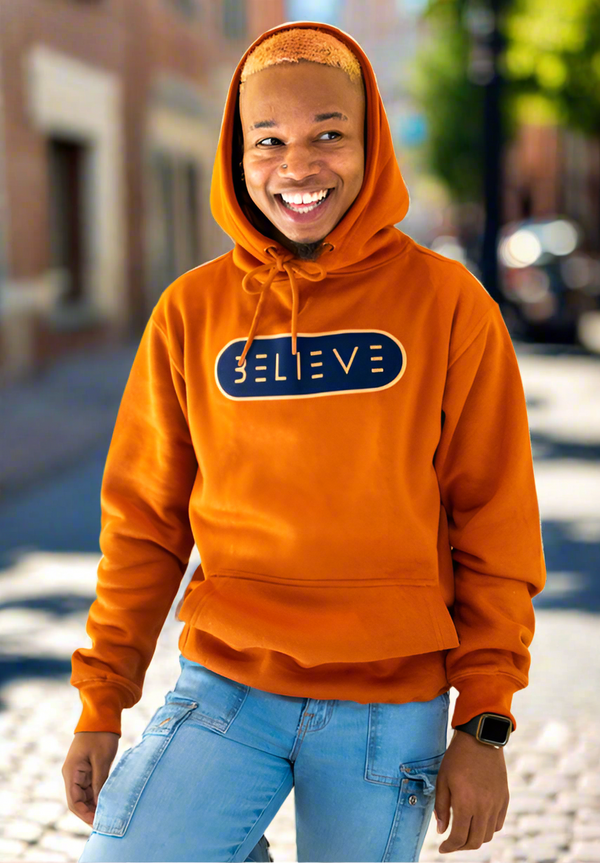 Navy & Orange on Tan BELIEVE Hoodie