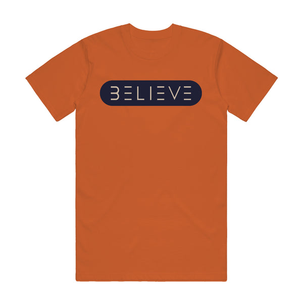 Navy & Tan on Orange BELIEVE T-Shirt