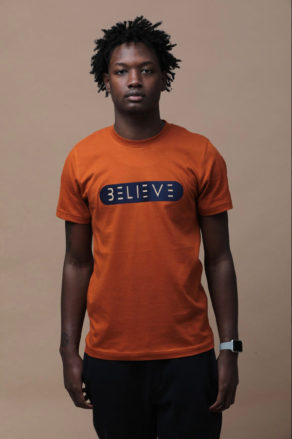 Navy & Tan on Orange BELIEVE T-Shirt