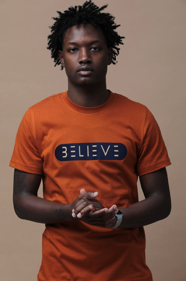 Navy & Tan on Orange BELIEVE T-Shirt